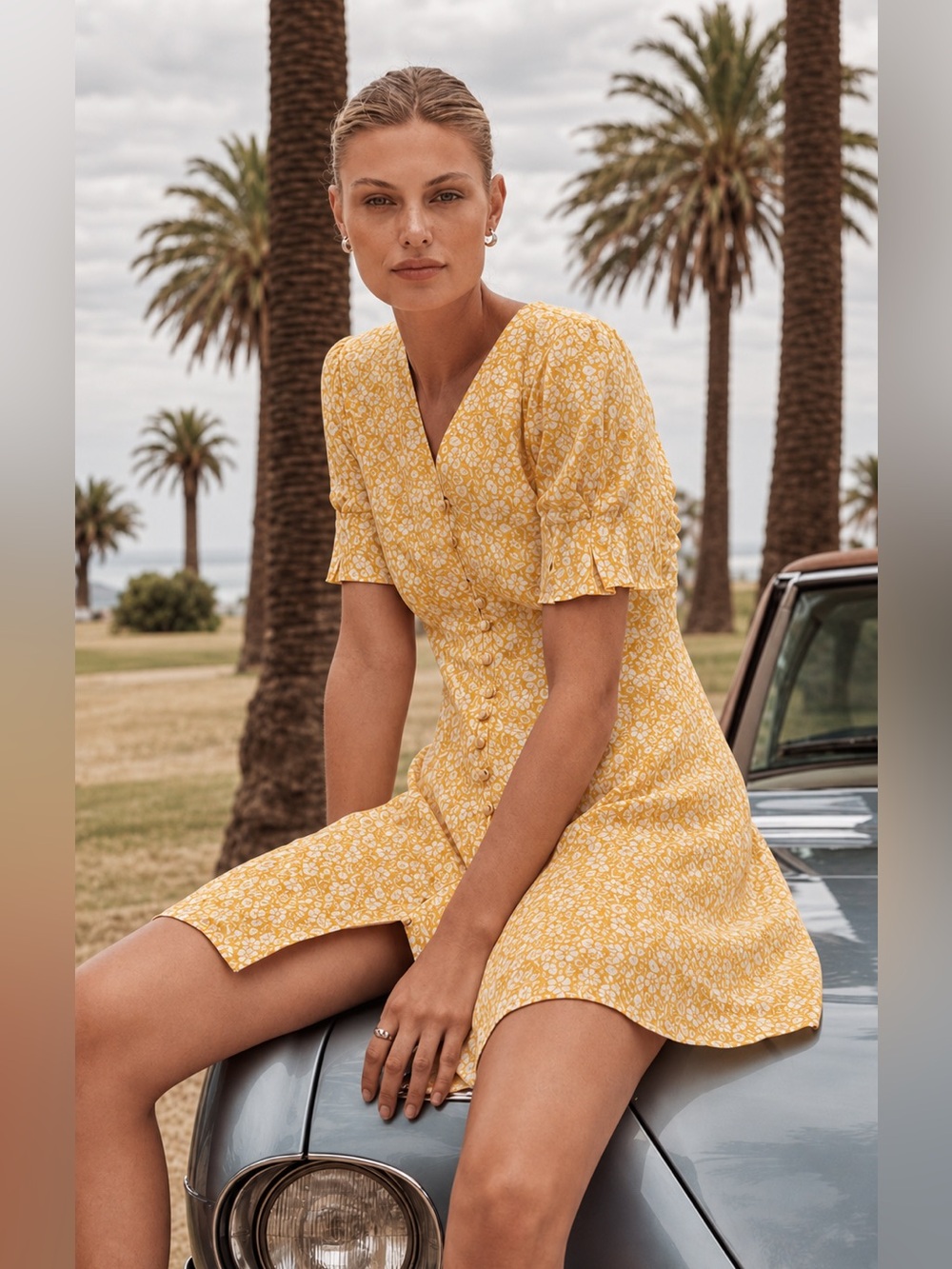 Ever New Saffron Yellow Floral Mini Dress US 4